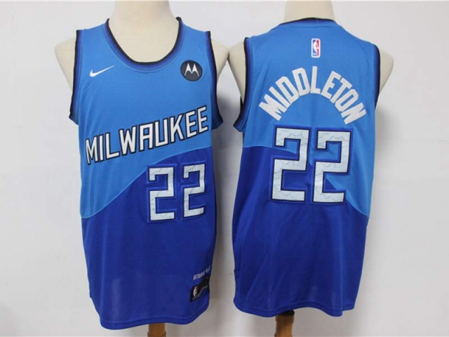 Milwaukee Bucks #22 Khris Middleton Blue 2021 City Edition Swingman Jersey - Click Image to Close