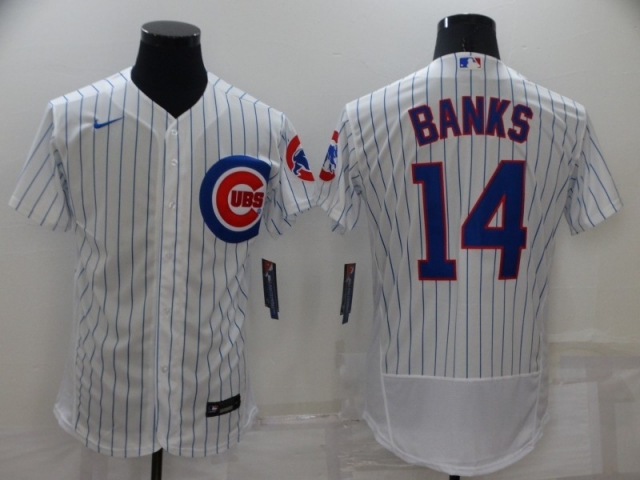 Chicago Cubs #14 Ernie Banks White Flex Base Jersey - Click Image to Close