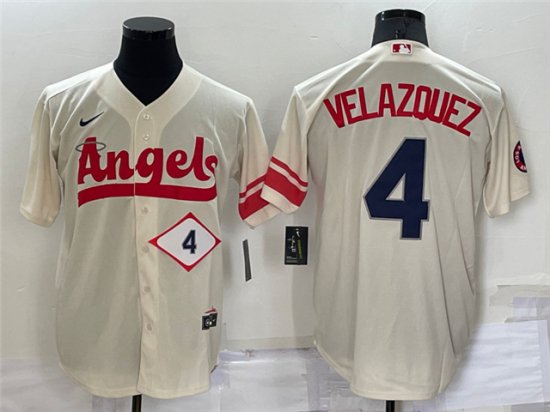 Los Angeles Angels #4 Andrew Velazquez Cream 2022 City Connect Cool Base Jersey