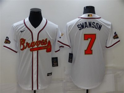 Atlanta Braves #7 Dansby Swanson White 2022 Gold Program Cool Base Jersey