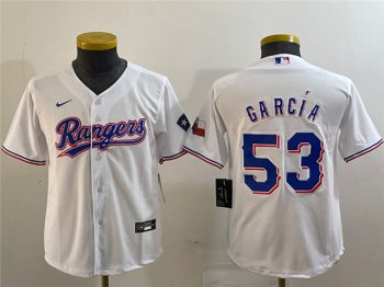 Youth Texas Rangers #53 Adolis Garcia White Cool Base Jersey