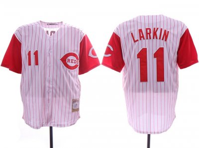 Cincinnati Reds #11 Barry Larkin White Stripe Throwback Jersey