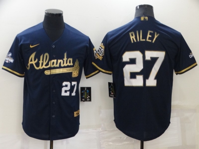 Atlanta Braves #27 Austin Riley Navy Gold Cool Base Jersey - Click Image to Close