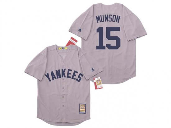 New York Yankees #15 Thurman Munson Gray Cooperstown Collection Cool Base Jersey