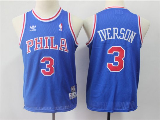 Youth Philadelphia 76ers #3 Allen Iverson Blue Hardwood Classics Jersey