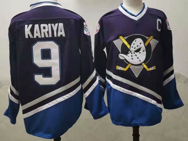 Anaheim Mighty Ducks #9 Paul Kariya Purple Reverse Retro C Patch Jersey - Click Image to Close