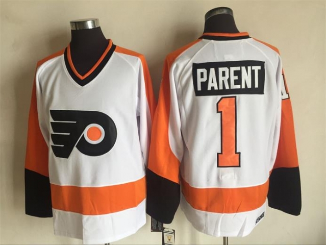 Philadelphia Flyers #1 Bernie Parent CCM Vintage White Jersey - Click Image to Close