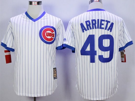 Chicago Cubs #49 Jake Arrieta Cream Throwback White Stripe Jersey