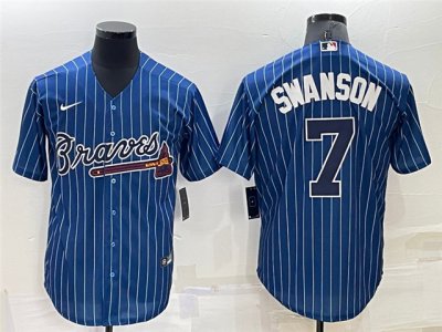 Atlanta Braves #7 Dansby Swanson Blue Pinstripe Cool Base Jersey