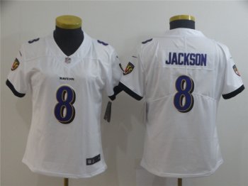 Women's Baltimore Ravens #8 Lamar Jackson White Vapor Limited Jersey